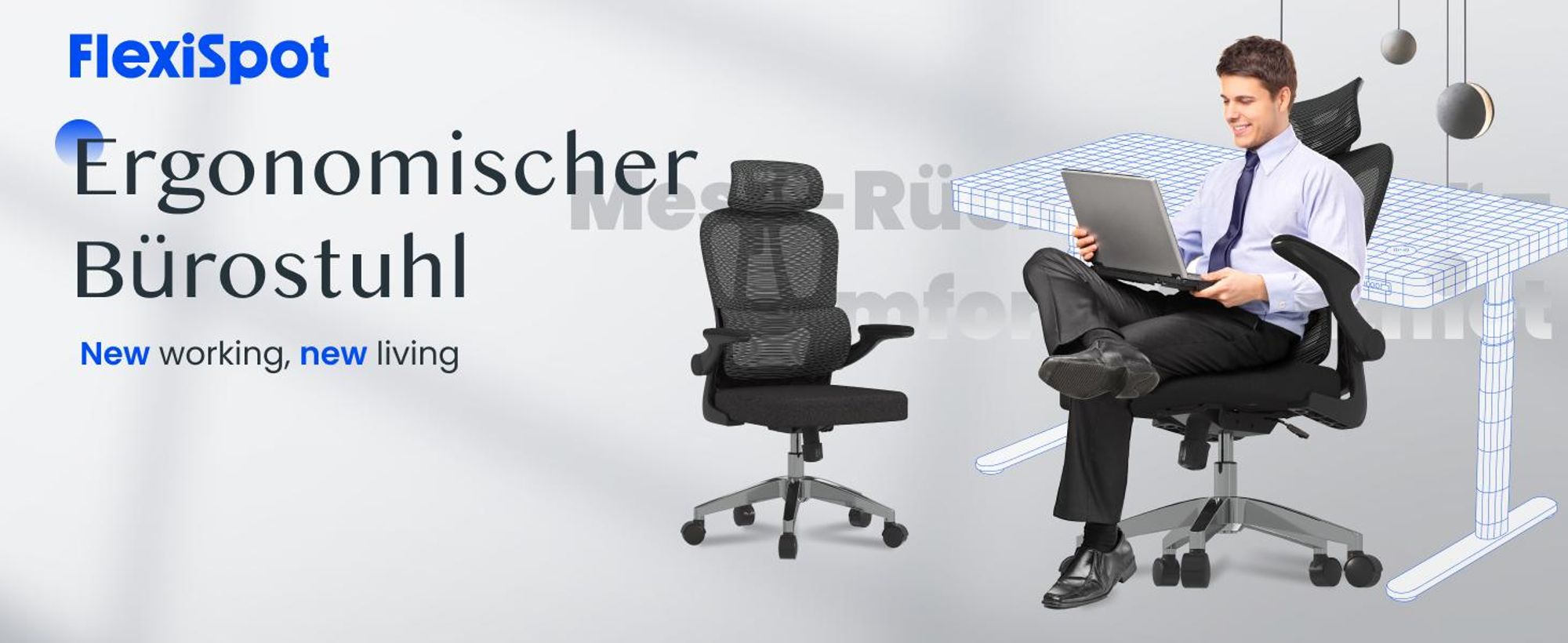 FLEXISPOT Ergonomischer Bürostuhl, 2D-Kopfstütze, Adaptive Lendenstütze, verstellbare Rückenlehne, Atmungsaktiver Netzstoff, höhenverstellbar, Schwarz
