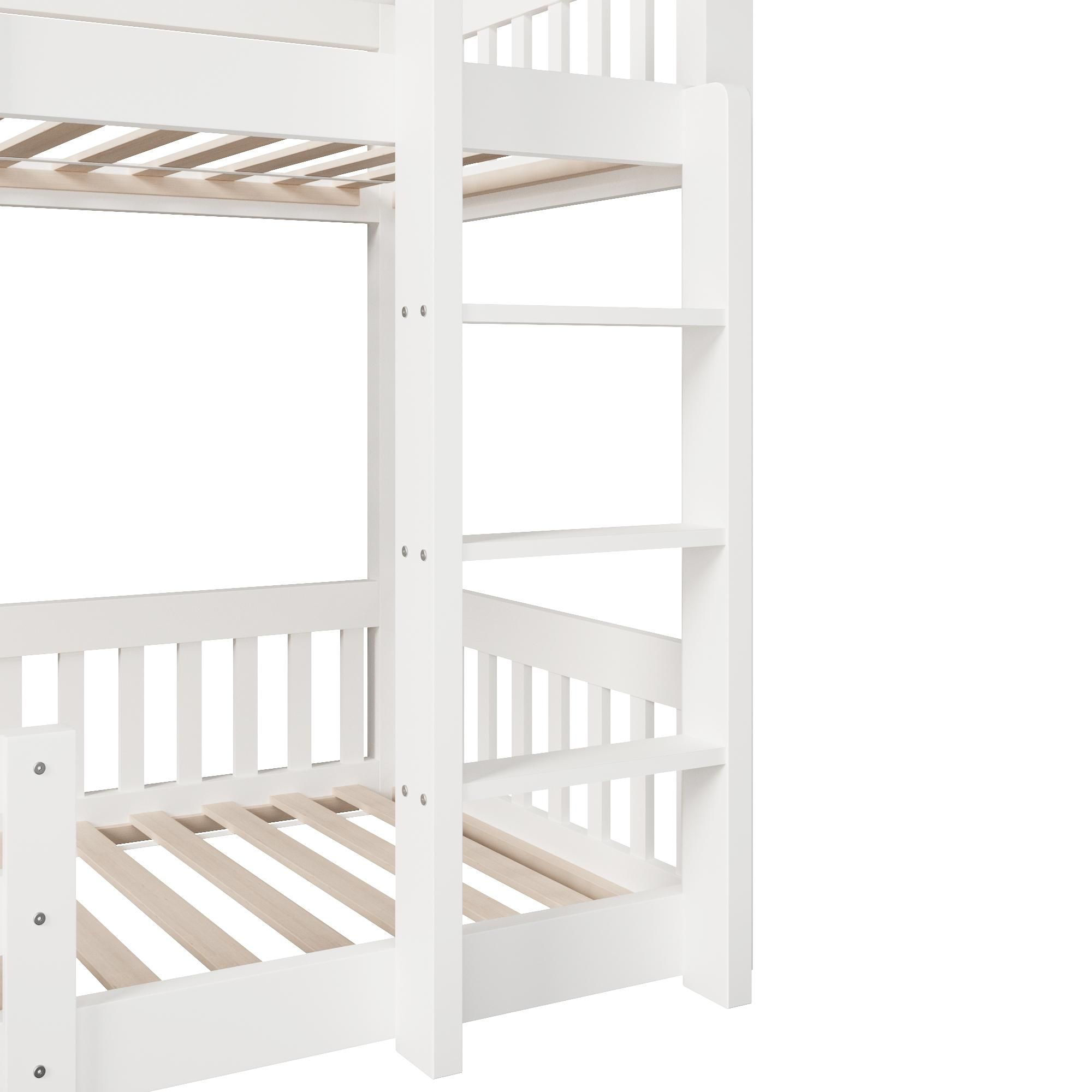 Merax Etagenbett 90x200 cm, Hochbett mit Aufbewahrungsfächern aus Eisen, Leiter, Sicherheitsgitter, Kinderbett, Stockbett, Jugendbett, Weiß