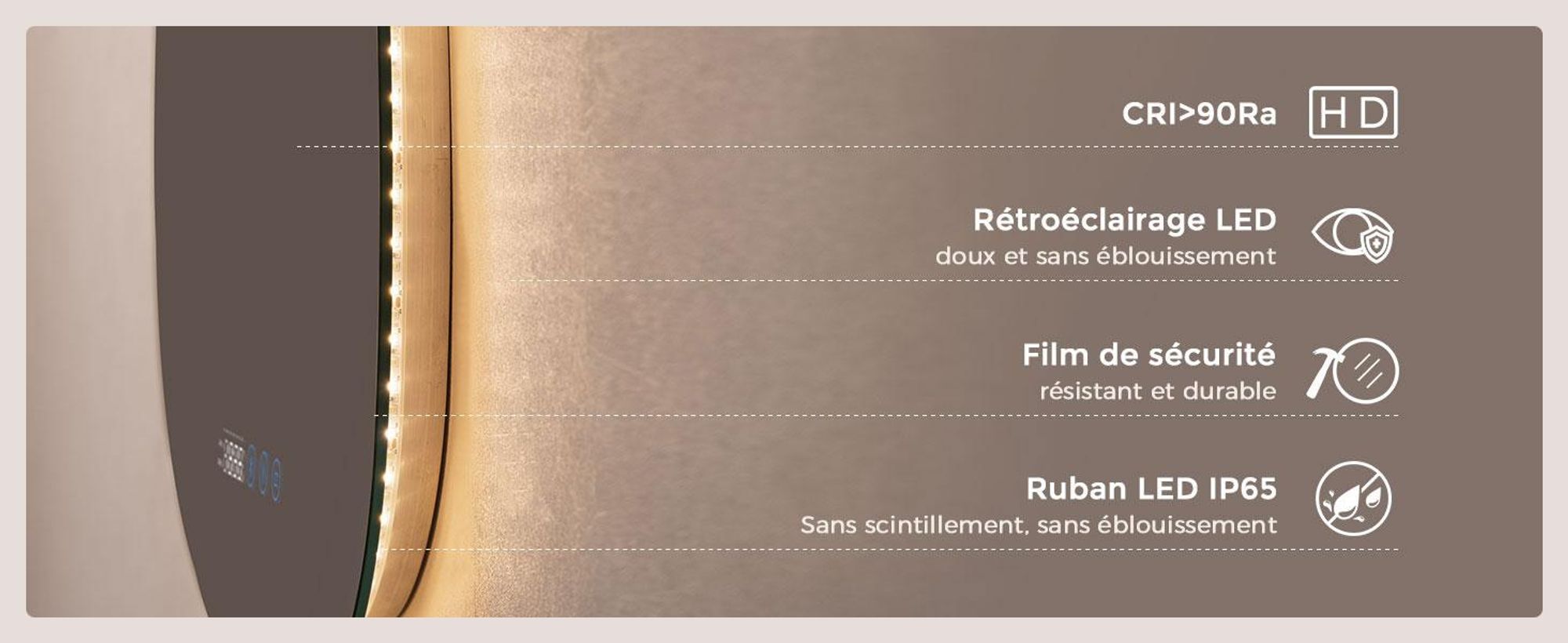 S'AFIELINA Miroir de salle de bain avec éclairage Asymétrique 60 x 45 cm avec 3 couleurs de lumière réglable, antibuée, Bluetooth, horloge, température, fonction mémoire