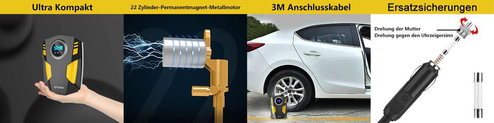 Luftkompressor Autoreifen 12V Netz, 10,3Bar Elektrische Luftpump, Digitaler Anzeige, LED-Leuchte Mini-Kompressor für Auto Fahrrad Bälle 4 Ventile