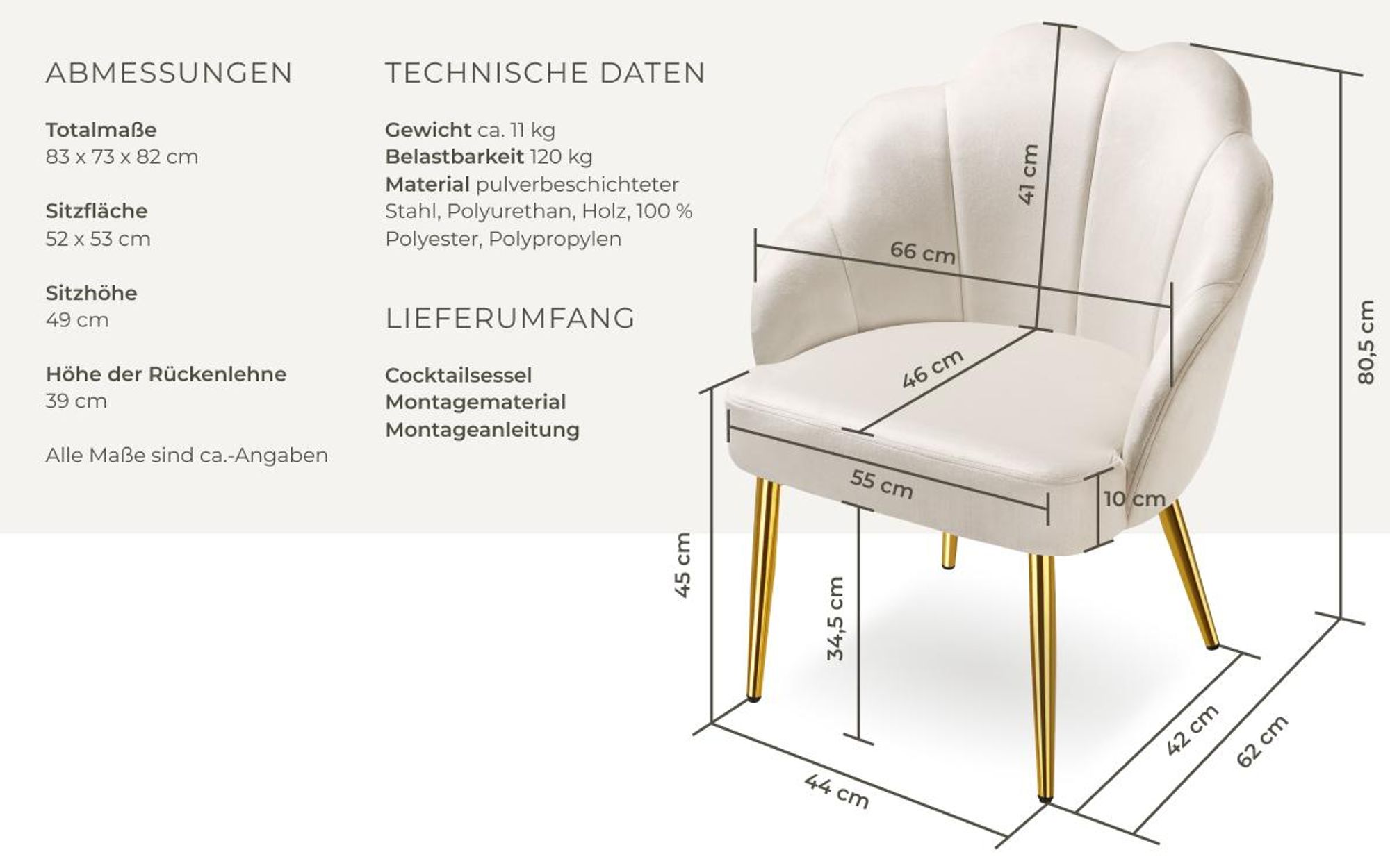 tectake® Cocktailsessel Hellen gepolstert, mit Samtbezug 66 x 62 x 80,5 cm