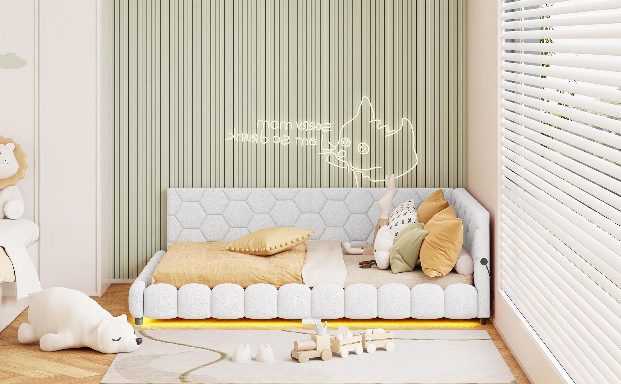 INONEFT  Polsterbett 140x200cm mit LED- und USB-Schnittstelle,Schlafsofa Tagesbett mit lattenrost ,Kinderbett,Doppelbett jugendbett,Wolle, Beige