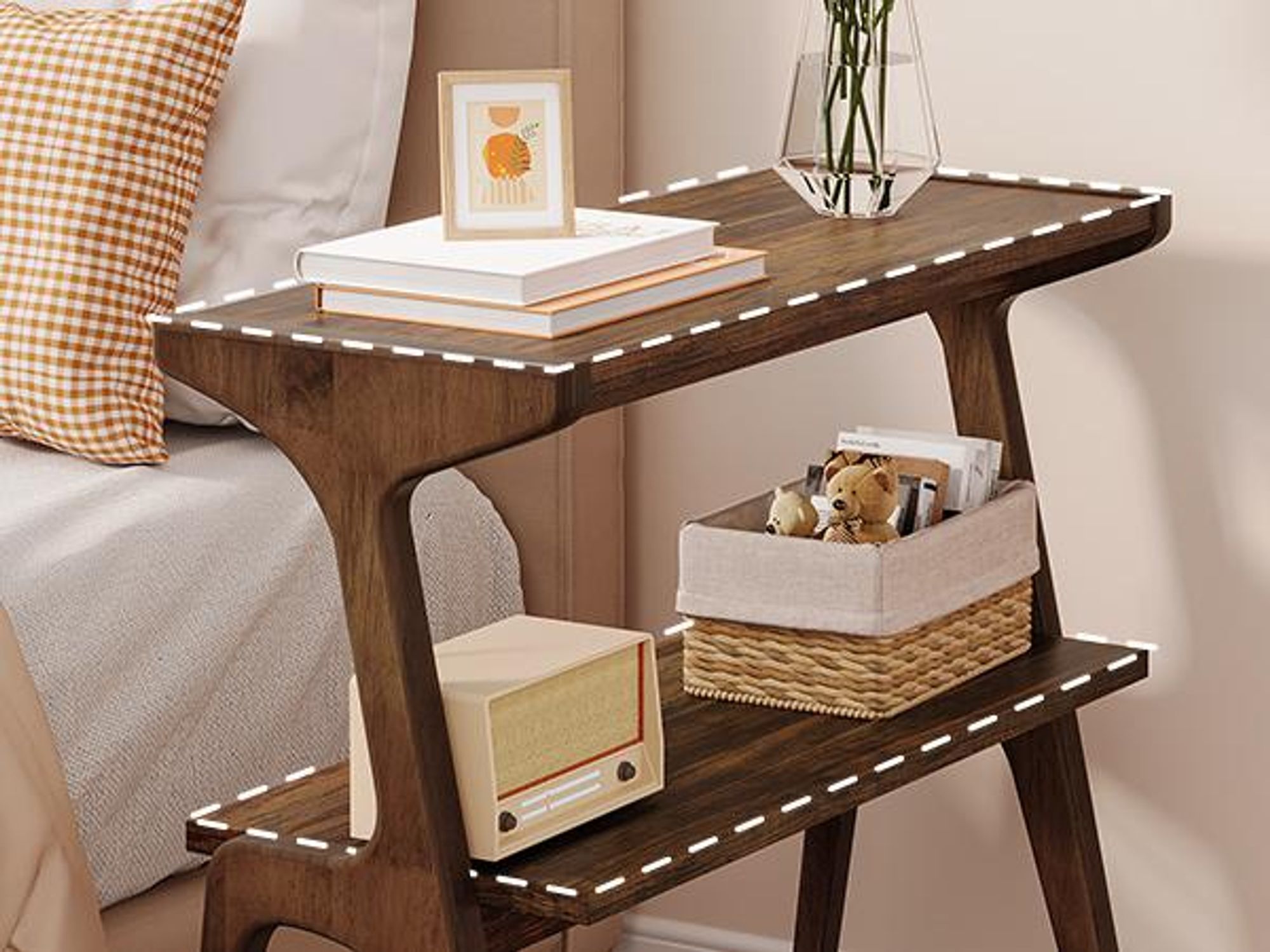 Beistelltisch aus Massivholz, 2-stöckiger Beistelltisch mit Ablagefach, moderner, Sofa, Wohnzimmer, Schlafzimmer,einfache Montage, rustikales Braun