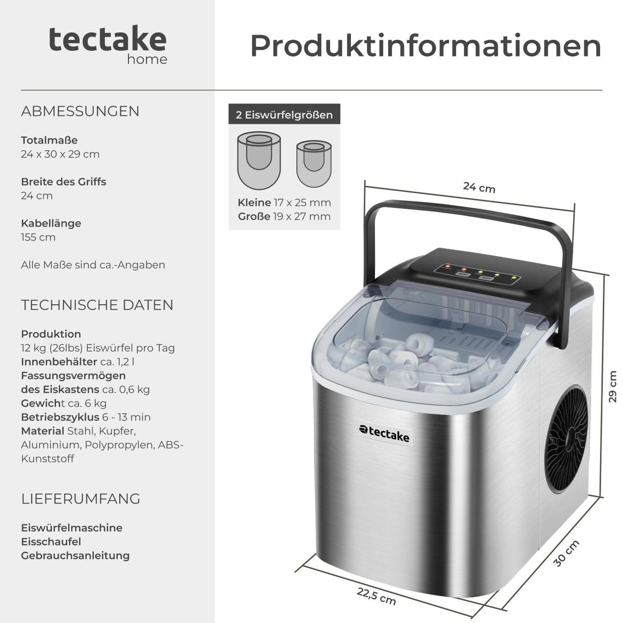 tectake® Eiswürfelmaschine Arctic 1,2 l Wassertank, 2 Eiswürfelgrößen