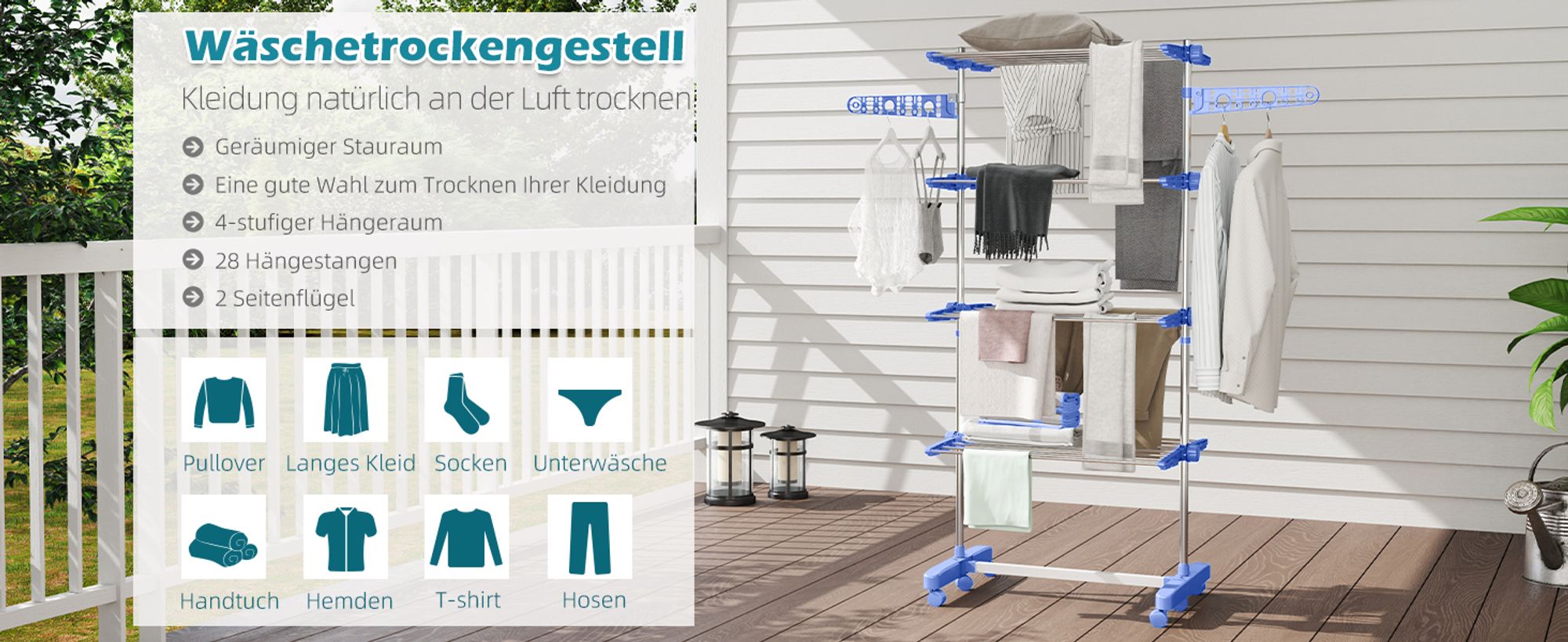 HOMCOM Wäscheständer Turmwäschetrockner 4 Ebenen klappbar höhenverstellbar Blau