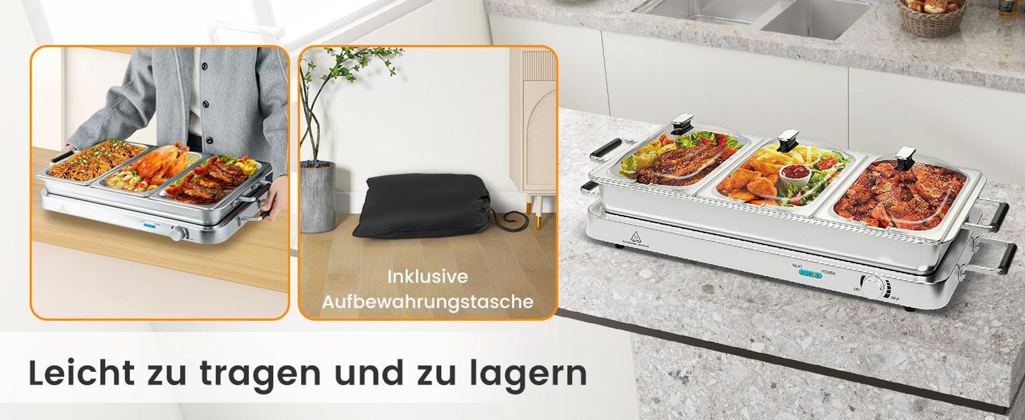 GOPLUS 2 in 1 Buffetwärmer & Warmhaltebehälter, 450W elektrische Warmhalteplatte mit Deckeln, 8 L Buffet Wärmer mit Temperaturregler von 50℃ bis 150℃, Edelstahl Speisenwärmer für Catering & Party