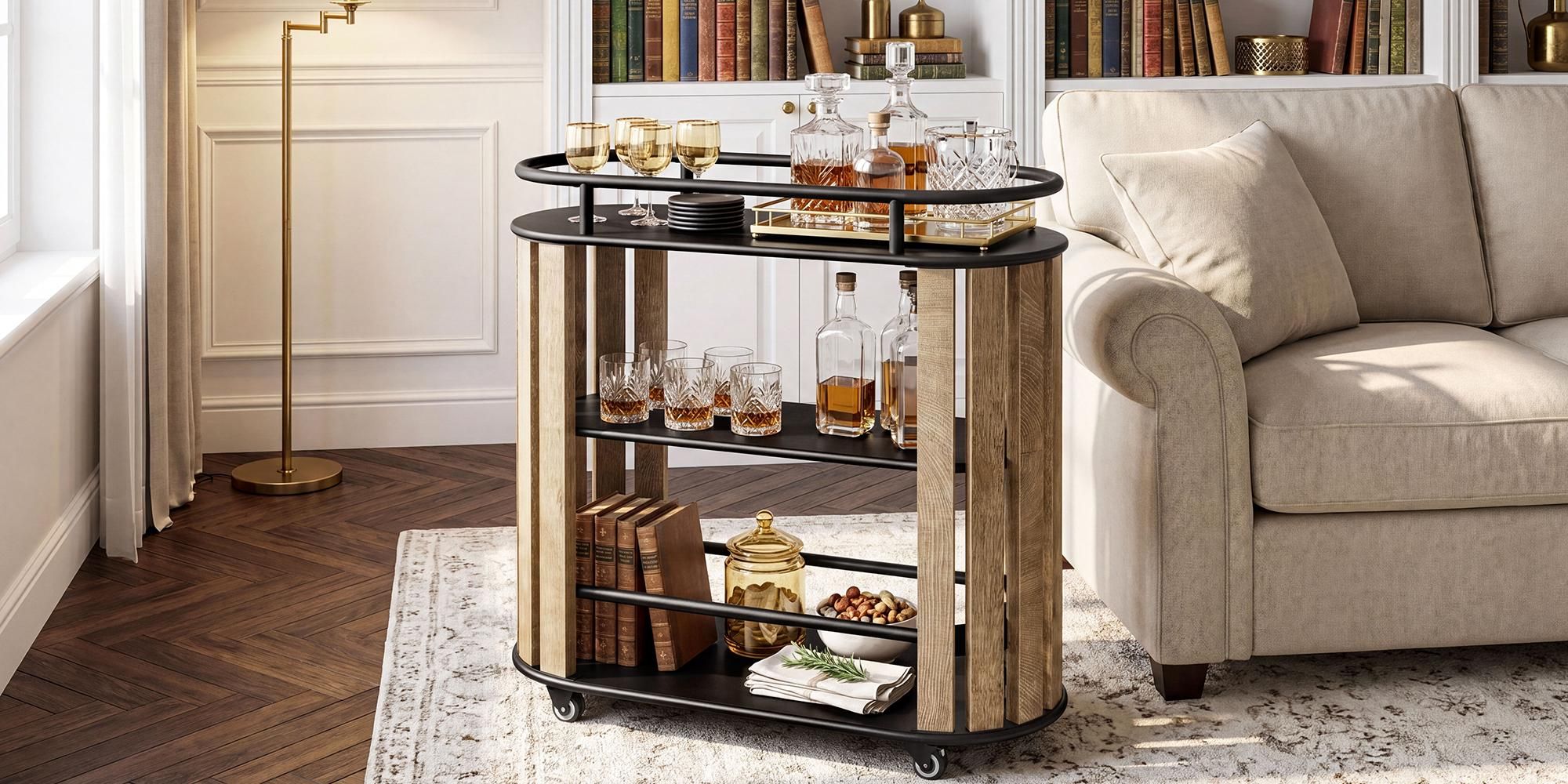 Servierwagen, Küchenwagen, 3-stöckiger Weinregal, Ordnungswagen mit Rollen, Barwagen aus Holz und Metall, für Hausbar, Küche, Esszimmer und Wohnzimmer