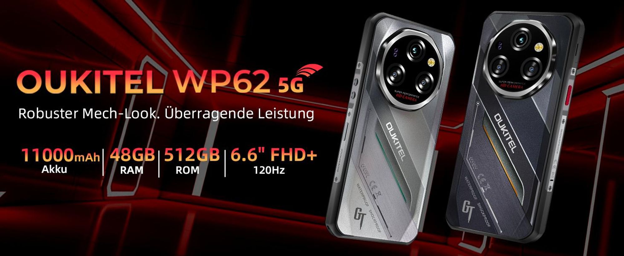 OUKITEL WP62 5G Outdoor Handy Android 15, 48GB+512GB/2TB Outdoor Smartphone Ohne Vertrag11000mAh/33W, 6,6'' FHD+120Hz 108MP+32MP,IP68/OTG/NFC, Silber