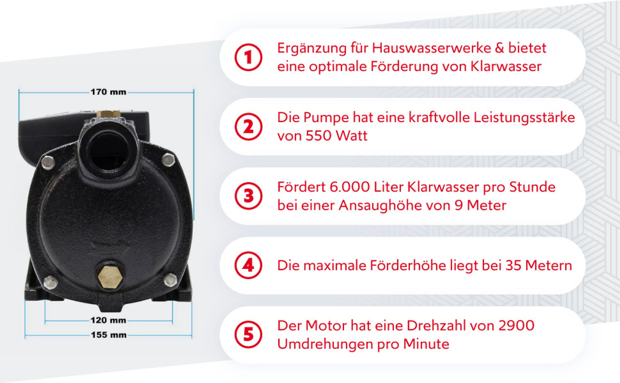 Wiltec Mehrstufige Kreiselpumpe 6000l/h 550W Förderhöhe 35m, Ansaughöhe 9m, 2850U/min, Wasserpumpe für Hauswasserwerke, Haus und Garten