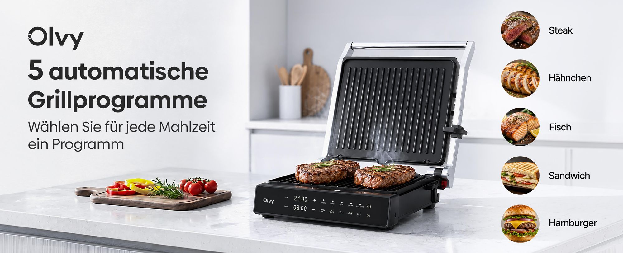 Olvy Kontaktgrill, 2000W, Elektrogrill Sandwichmaker, 5 Programme, Paninimaker, Grilltoaster indoor Grill, PFAS-freie Platten, Tisch Grill