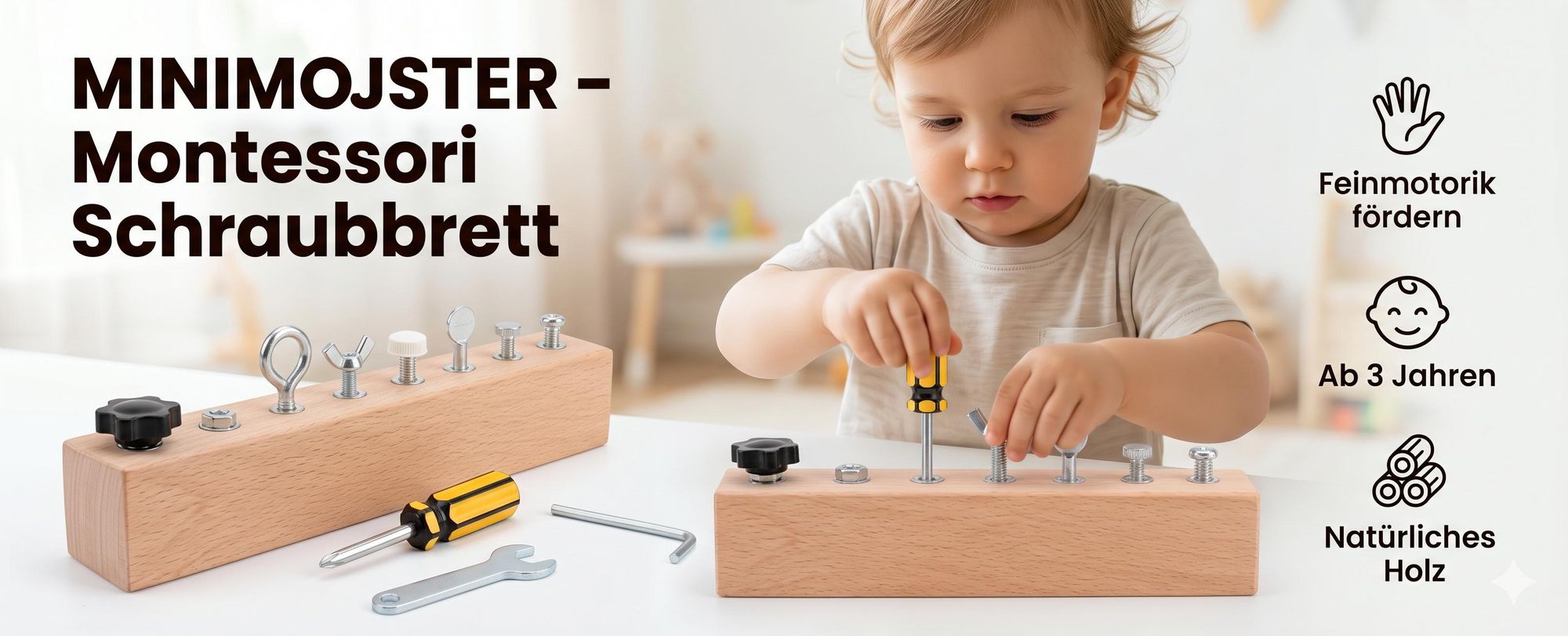 Montessori Schraubbrett aus Holz, Motorikspielzeug für Kinder ab 3 Jahren, Holzspielzeug für Kleinkinder - MINIMOJSTER