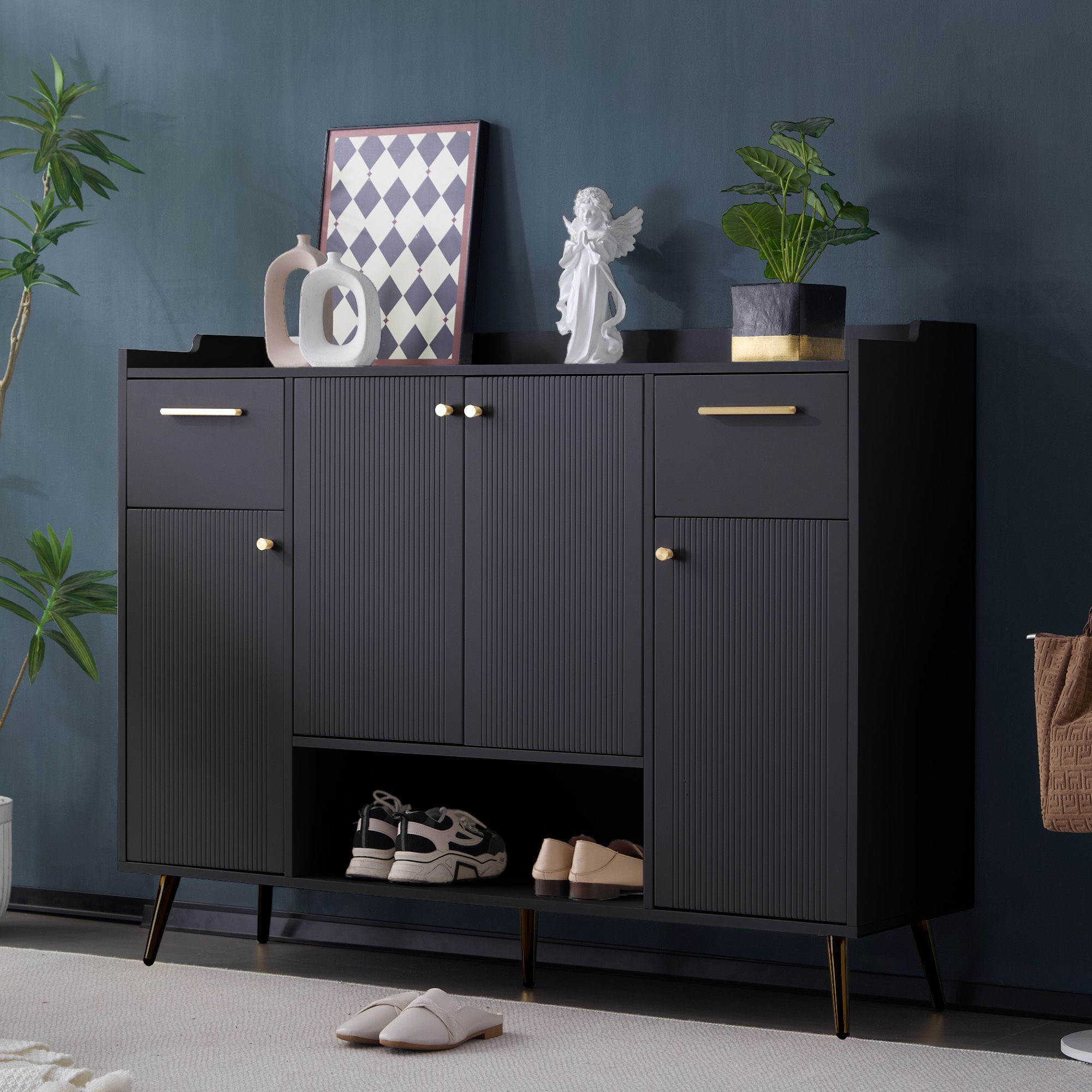 Merax Schuhschrank mit 2 Schubladen und 4 Türen, modernes Design mit Metallfüßen, Maße: H100/B130/T37 cm