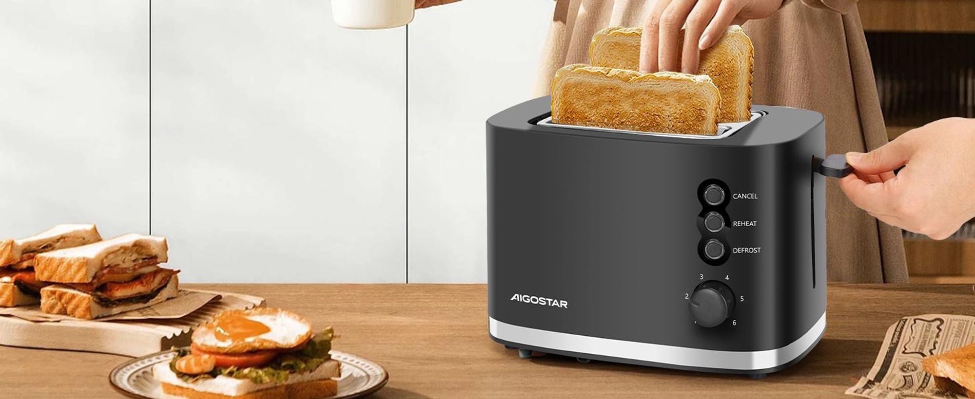 Aigostar - Toaster 2 Scheiben, extra breite Toastschlitze, 6 Bräunungsstufen,800W
