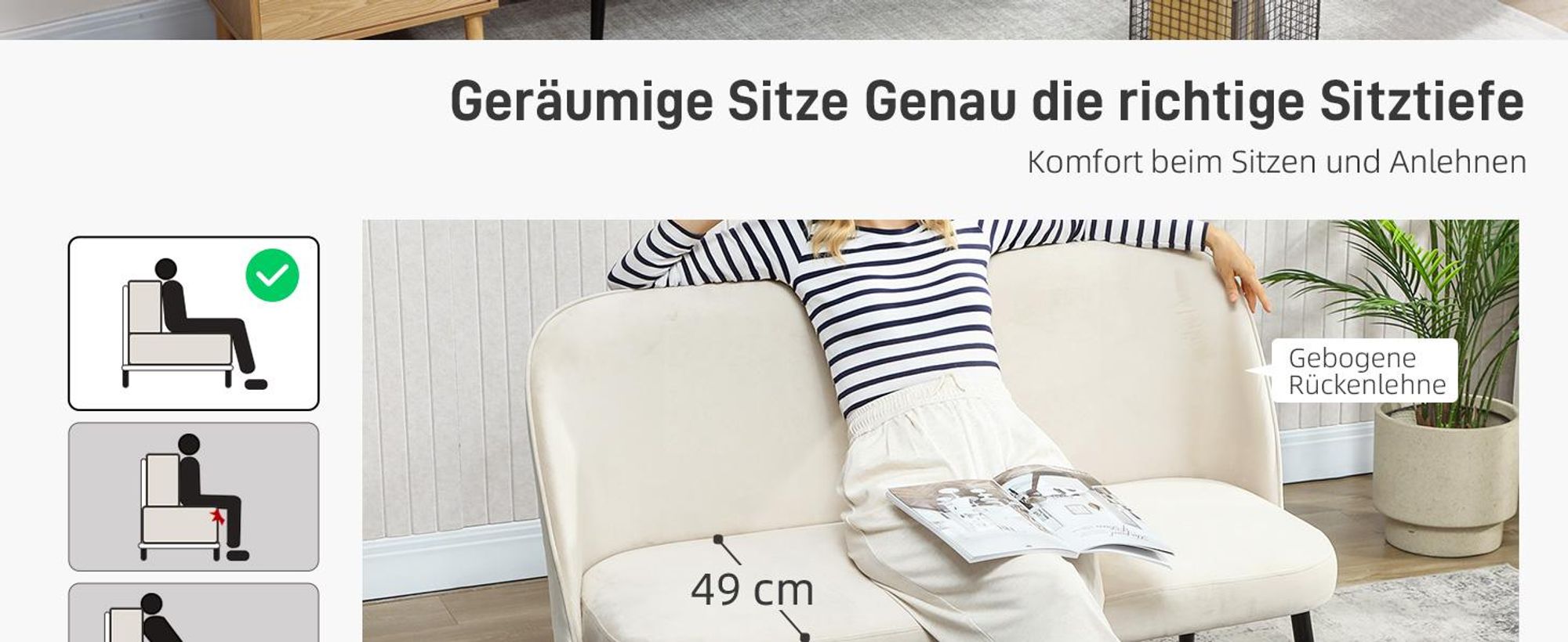 HOMCOM Sofa 2-Sitzer kleine Couch 127 cm mit Samtoptik, geschwungene Rückenlehne