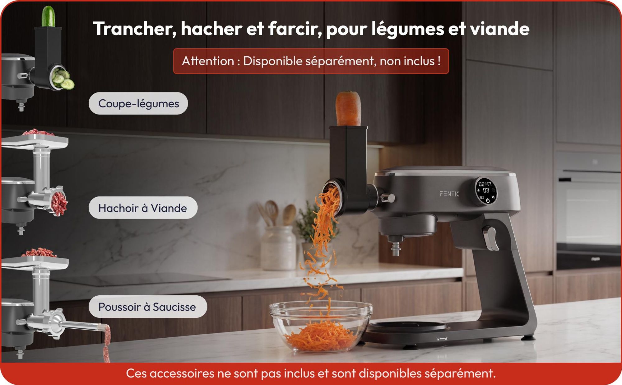 Fentic Robot pâtissier 1800W, Bol inox 7L, Pétrin pour pâte à pain & à pizza, Mouvement planétaire, 10 vitesses minuteur & pare-éclaboussures