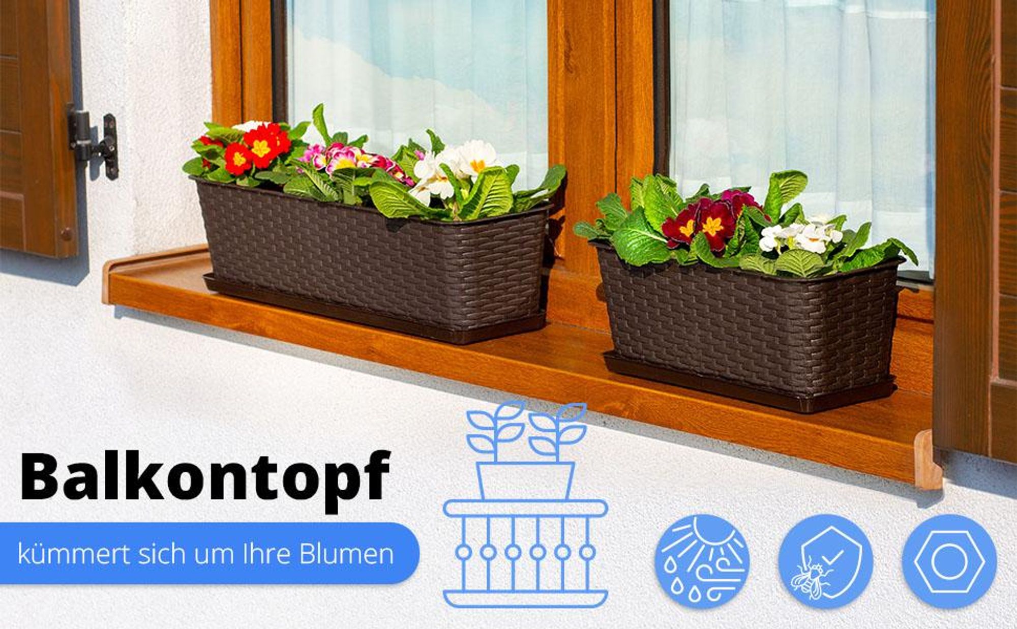 KADAX Blumenkasten 40 cm Braun mit Untersetzer, Rattan-Optik – Pflanzkasten für Balkon oder Fensterbank, langlebiger Balkonkasten