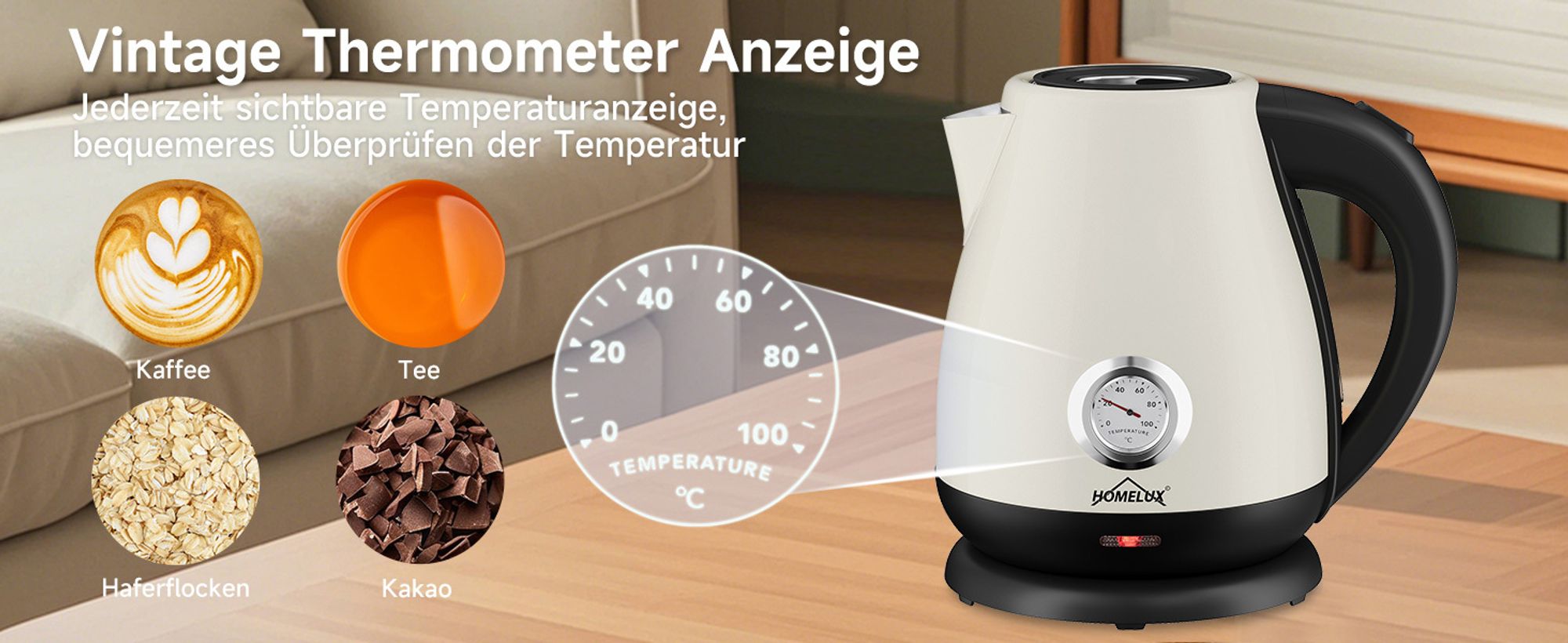 HOMELUX 1,7L Wasserkocher Edelstahl 2200W Retro Wasserkocher Elektrischer mit Analogem Thermometer & sichtbarer Wasserstand, LED-Beleuchtung, Silber
