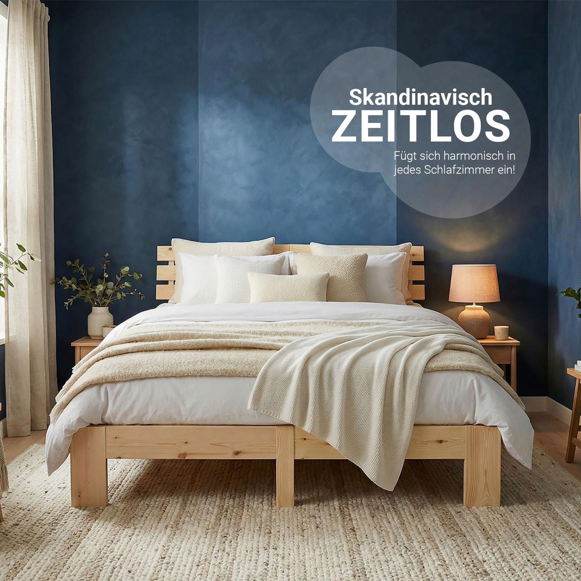 Ein Holzbett im Skandi Style fügt sich harmonisch in jedes Schlafzimmer ein.