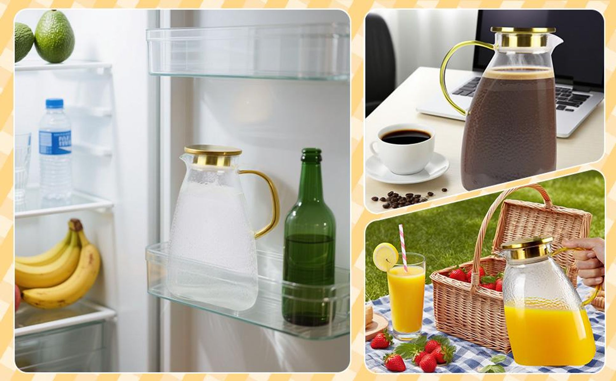 Wasserkaraffe für Kühlschranktür, Glaskaraffe mit Deckel 1,8 L, Karaffe Glas mit Edelstahl Deckel und Sieb, Hitzebeständiges Glaskaraffe