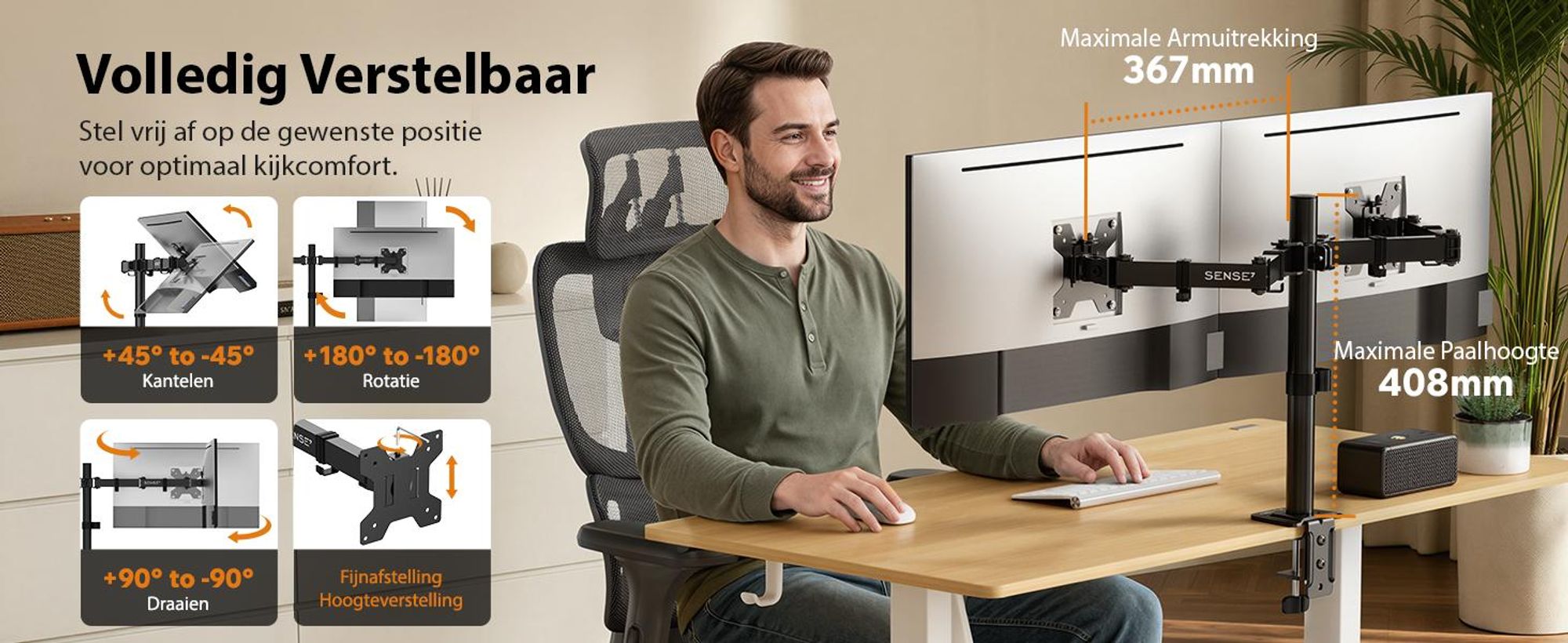 SENSE7 Hanglamp, dubbele monitorhouder, geschikt voor schermen van 17-32 inch, VESA-compatibel, 2x9kg draagvermogen, pivotfunctie, gasveer, bureau, 2 schermen, zwart, ergonomisch