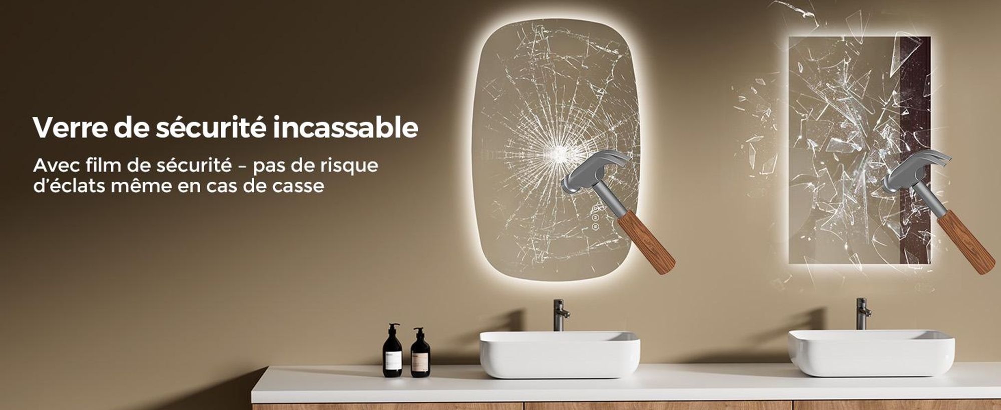 S'AFIELINA 80×50 cm miroir mural LED - miroir de salle de bain avec éclairage, verre HD , intensité lumineuse variable, LED 3 couleurs, antibuée, suspension horizontale & verticale