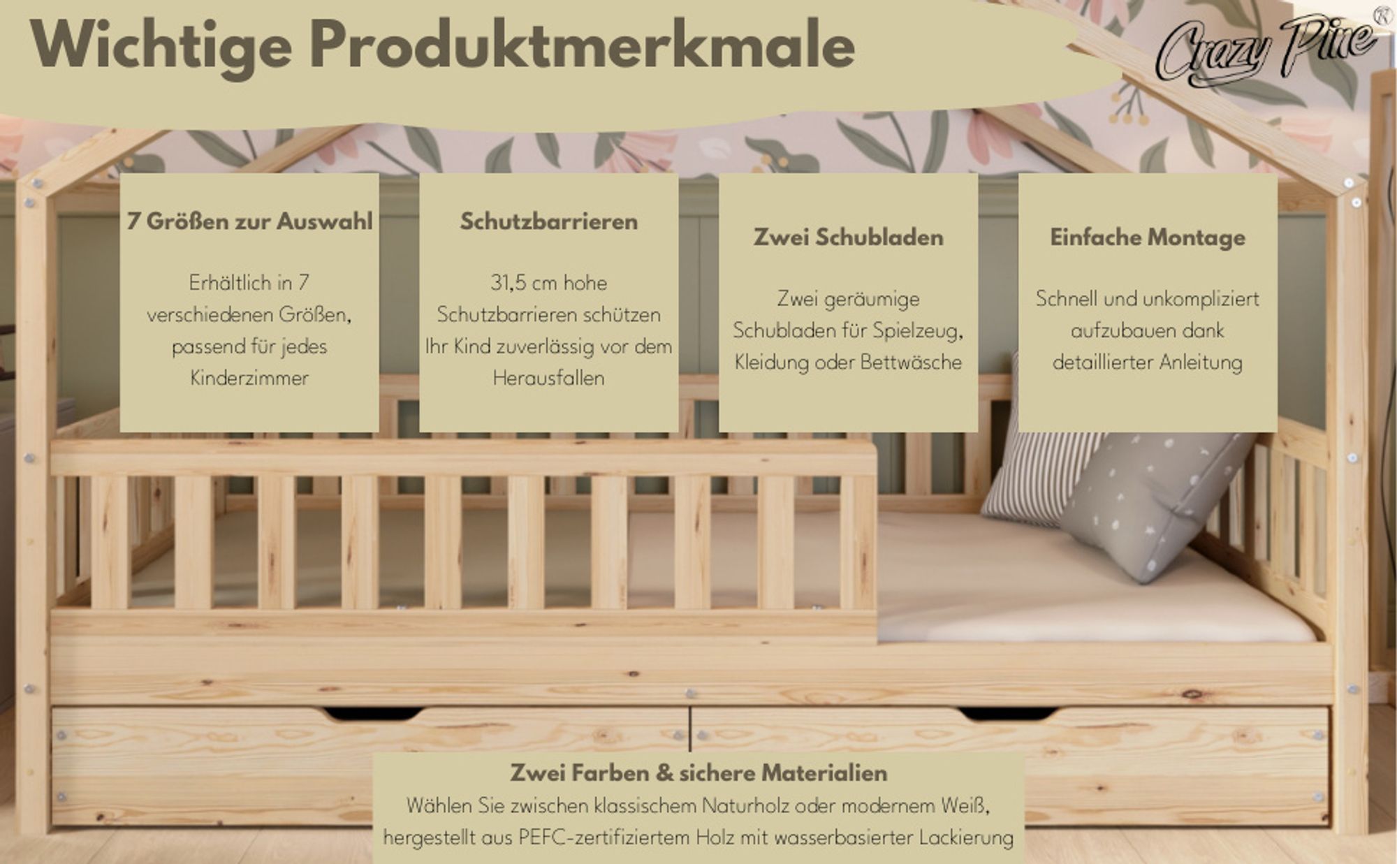 Crazy Pine Hausbett mit Schubladen 100x200 cm – Kinderbett aus Naturholz – Bodenbett mit Stauraum und Abnehmbarer Barriere - Crazy House