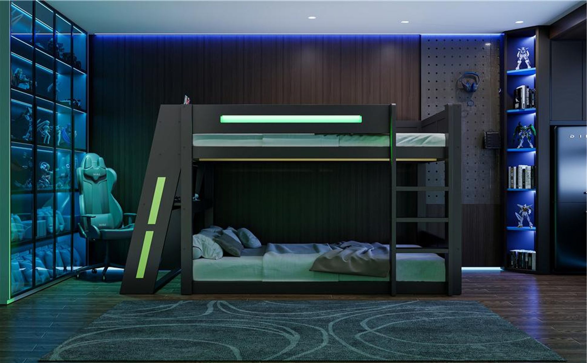 Merax Gaming Etagenbett 140x200 cm, Hochbett mit Schreibtisch, LED Beleuchtung, USB Anschluss, Holzbett Kinderbett mit Ablagen, Jugendbett, Schwarz