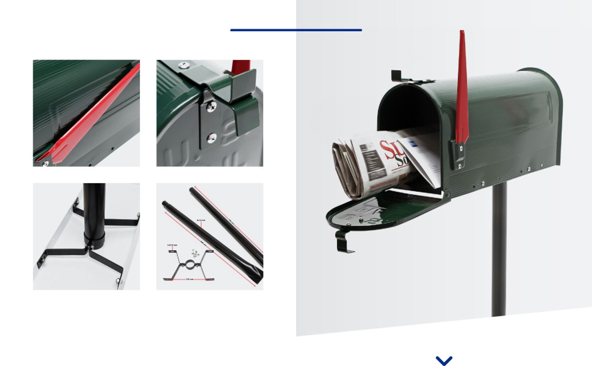 Wiltec Set US Mailbox grün 180 x 220 x 480 mm, amerikanischer Briefkasten mit Fahne, Standbriefkasten Stahl amerikanisches Design mit passendem Standfuß