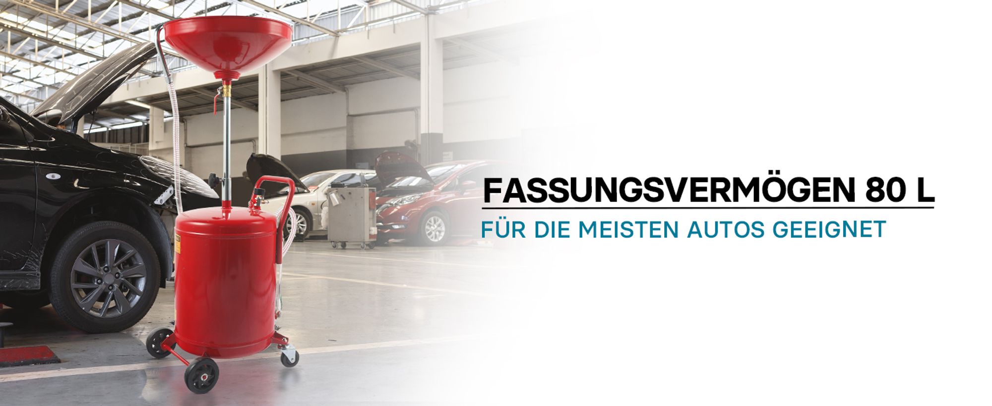 Ölauffanggerät für 80l, höhenverstellbar 122-168 cm mit 4-Rad-Fahrwerk, Entleerung mittels Luftdruck