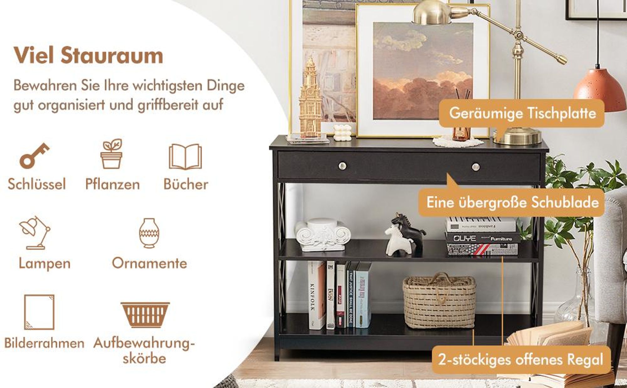 COSTWAY 3 Ebenen Konsolentisch mit Schublade, Flurtisch Holz, Standregal, Beistelltisch, Sofatisch, Flur, Wohnzimmer, 100 x 30 x 80 cm Schwarz