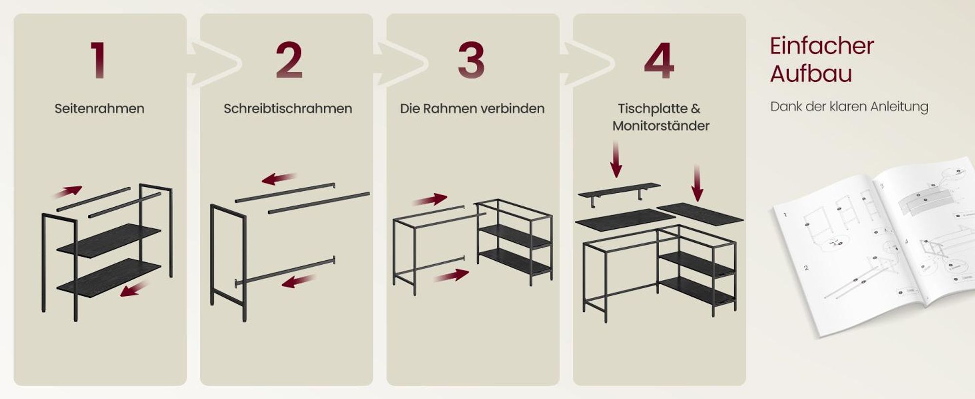 VASAGLE  L-förmige Schreibtisch Eckschreibtisch  Computertisch mit Schubladen 135cm schwarz