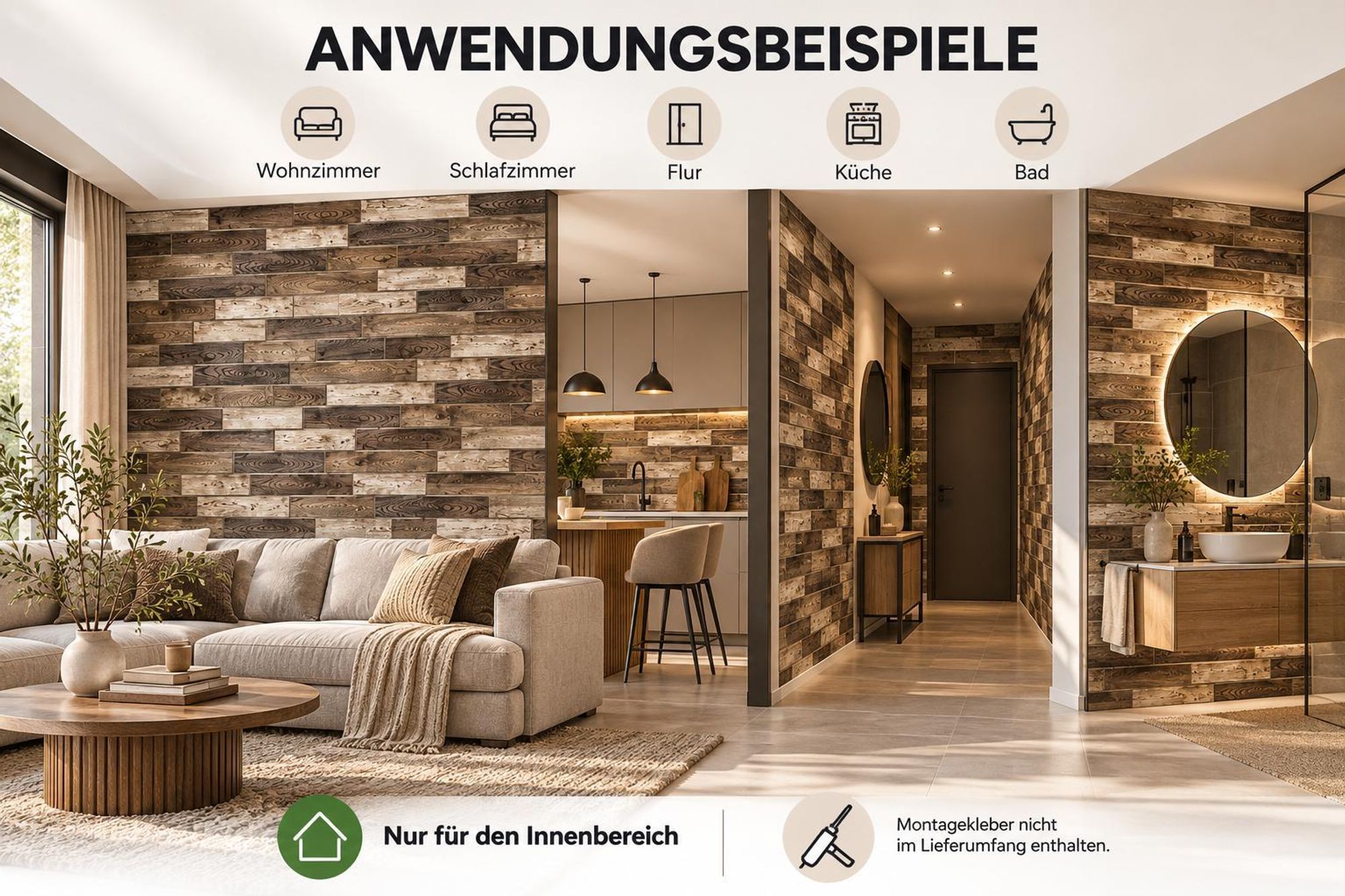 Die leichten Paneele eignen sich ideal für Wohnzimmer, Schlafzimmer, Küche, Flur und Bad.