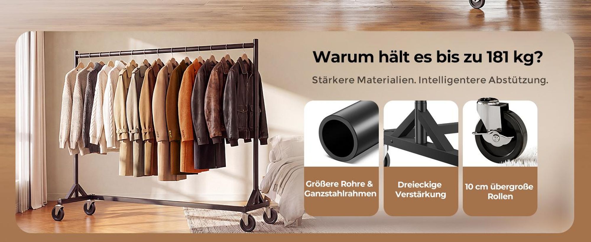 HOKEEPER Kommerzieller Kleiderständer mit Z-Ständer, Tragkraft 182 kg, robuster Kleiderstange auf Rollen, schwarz