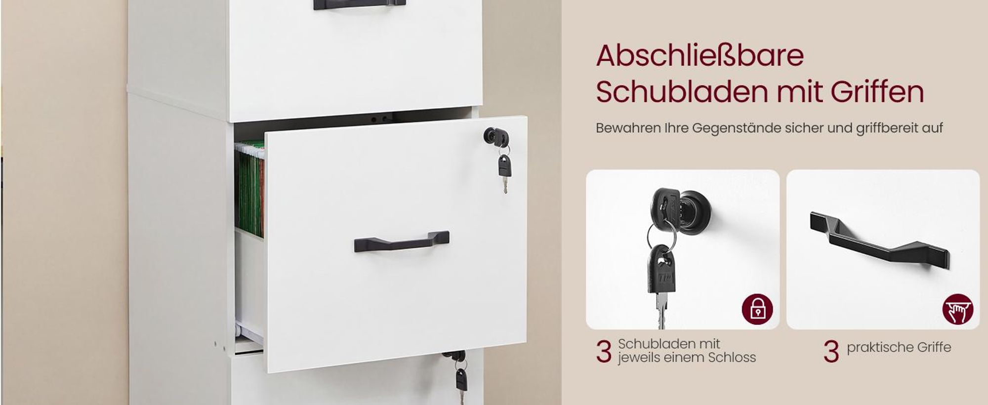 VASAGLE Aktenschrank Büroschrank, Druckerständer, mit 3 Schlösser, verstellbare Hängestange