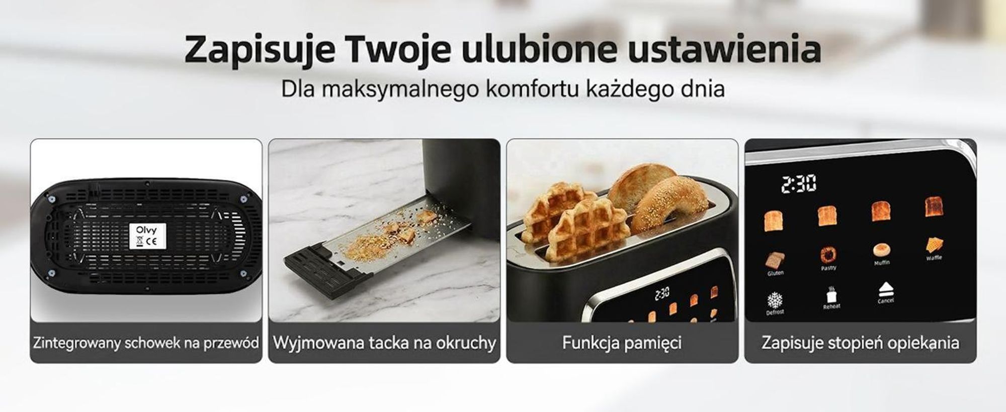 Toster Olvy na 4 kromki, długie otwory, wyświetlacz cyfrowy z timerem, 6 stopni opiekania, szerokie otwory, funkcja rozmrażania i podgrzewania, 1500 W, czarny
