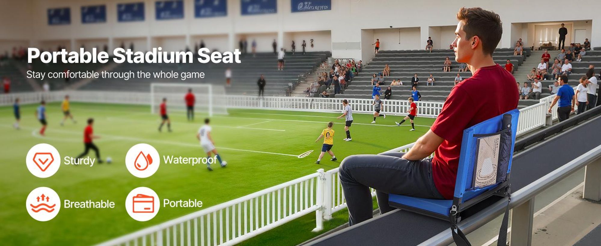 VEVOR Stadionstuhl, Klapp-Bleacher-Stuhl mit Rückenstütze und dickem Kissen, gepolsterter Stadionstuhl für die Tribüne, inklusive Schultergurt, Haken, Becherhalter, Elasthan-Material, Seitentasche, PP-Material, 1 Stk-Blau, Ohne Armlehne