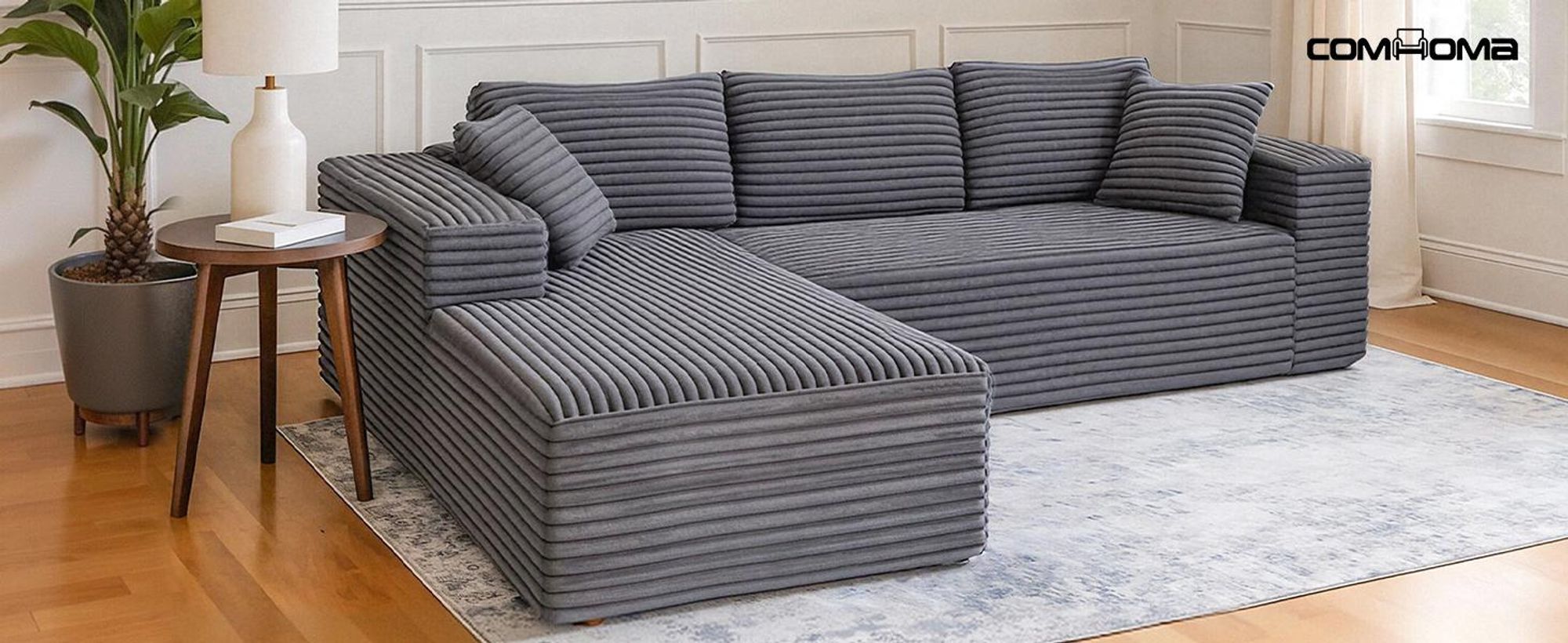 COMHOMASofa Big-Sofa, L-förmige Sofa, Couch Ecksofa, Chaiselongue Schlafsofa mit tiefer Sitzfläche und breiten Armlehnen, Cordstoff dunkelgrau-R