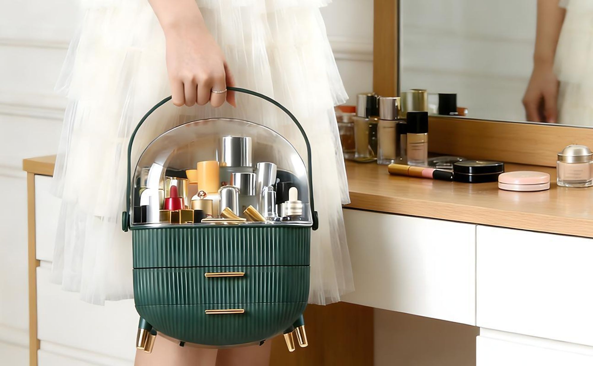 ZMH Make-Up Organizer Kosmetikorganizer mit 2 Schubladen Aufbewahrungsbox(26x16x38 cm)für Kosmetik Lippenstifte Schlafzimmer Kommode Dunkelgrün