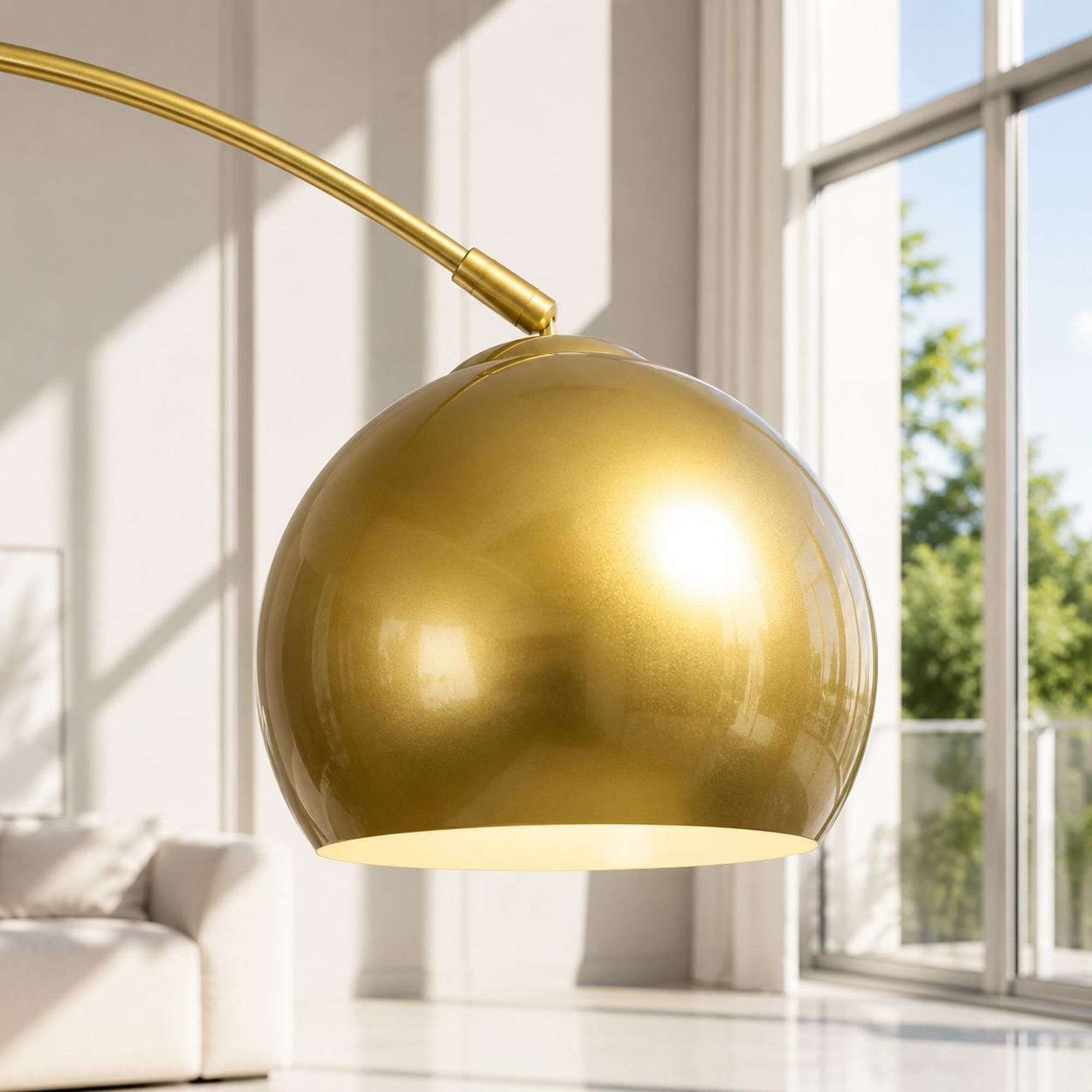 Gold Stehlampe Wohnzimmer, 175cm Bogenlampe dimmbar mit Fußschalter und Marmorsockel, Modern Leselampe Schlafzimmer Arbeitszimmer