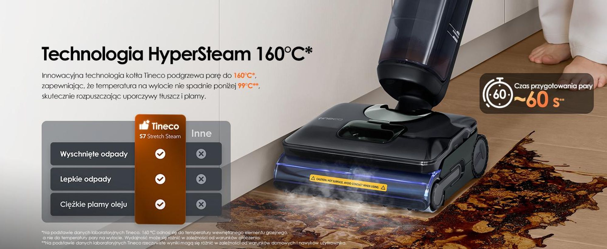 Tineco FLOOR ONE S7 Stretch Steam Bezprzewodowy Odkurzacze na sucho i mokro, 160℃ HyperSteam, Przeciwdziałający Splątaniu, FlashDry, Do 80 min pracy