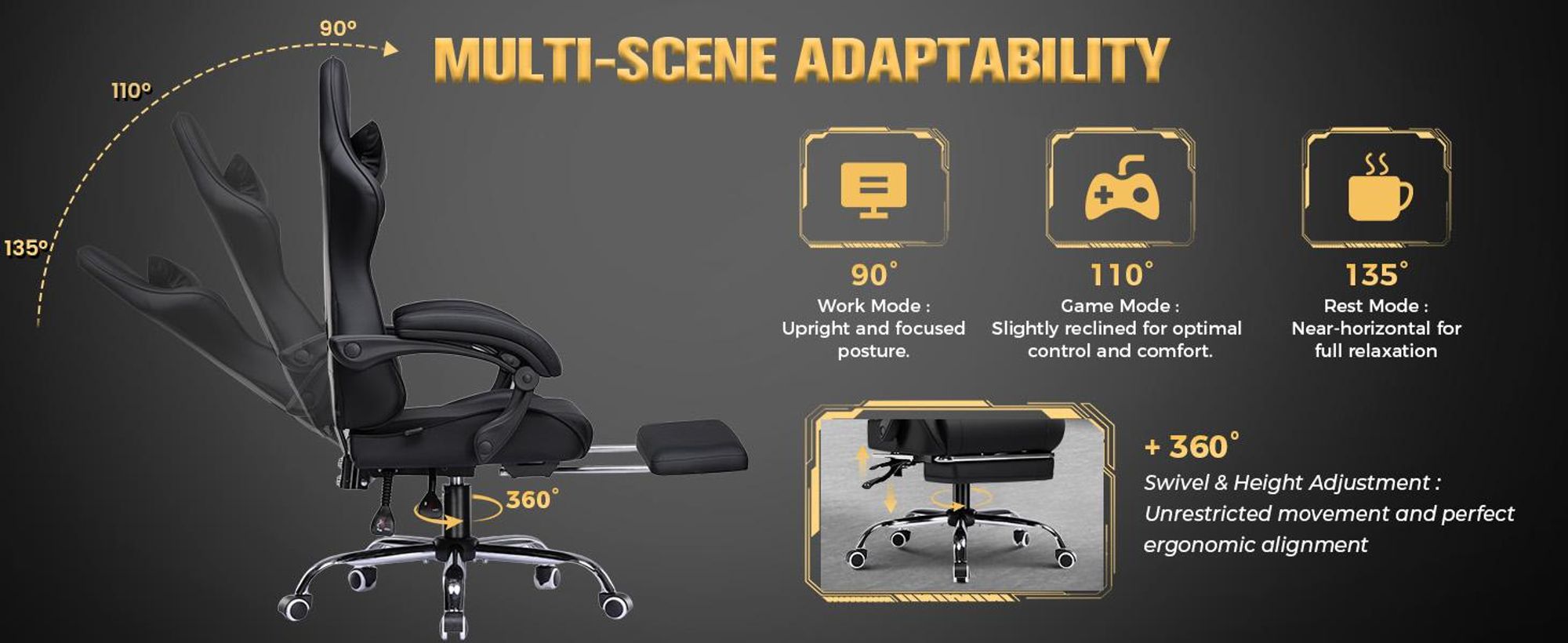 GTPLAYER Herní židle Gamer Armchair - Ergonomická herní židle s bederní opěrkou Výškově nastavitelná polstrovaná herní židle 150 Kg, černá