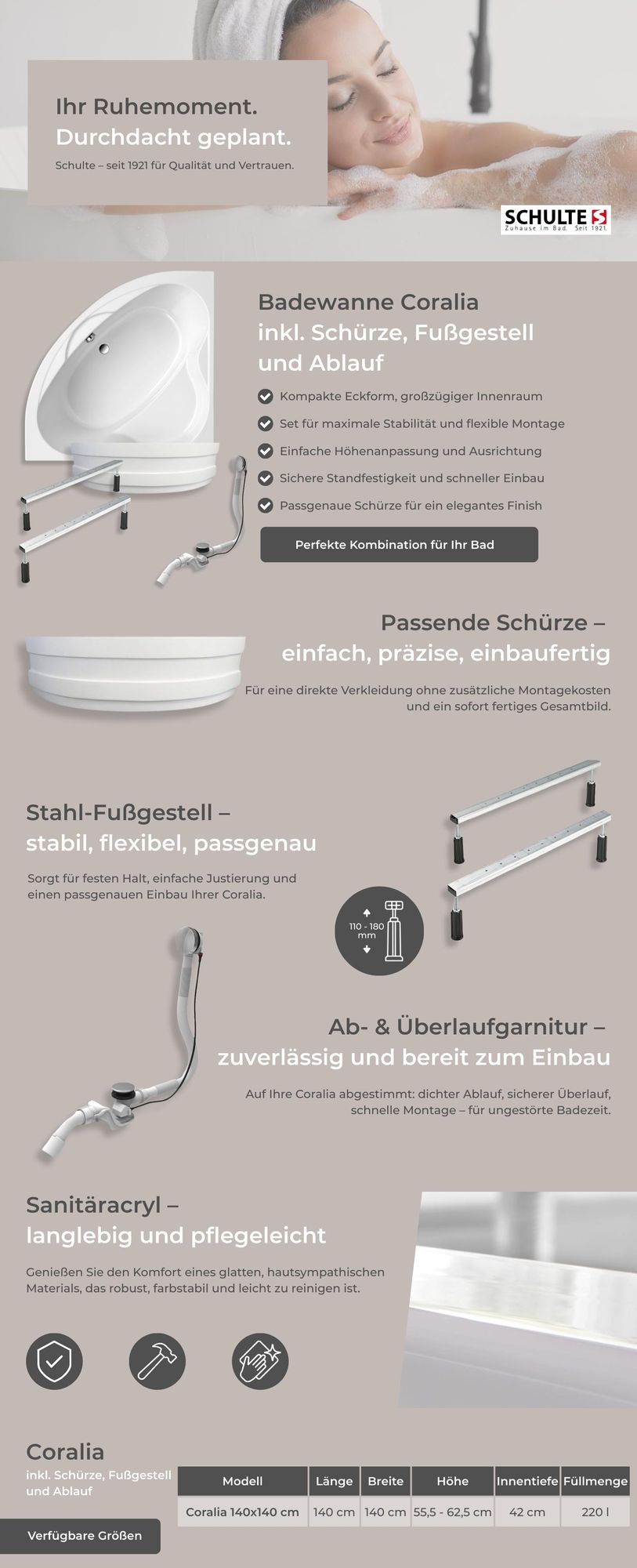 Schulte Eckbadewanne Modell Coralia, 140x140 cm, Weiß Sanitäracryl, inkl. Schürze, Fußgestell, Ab- und Überlauf