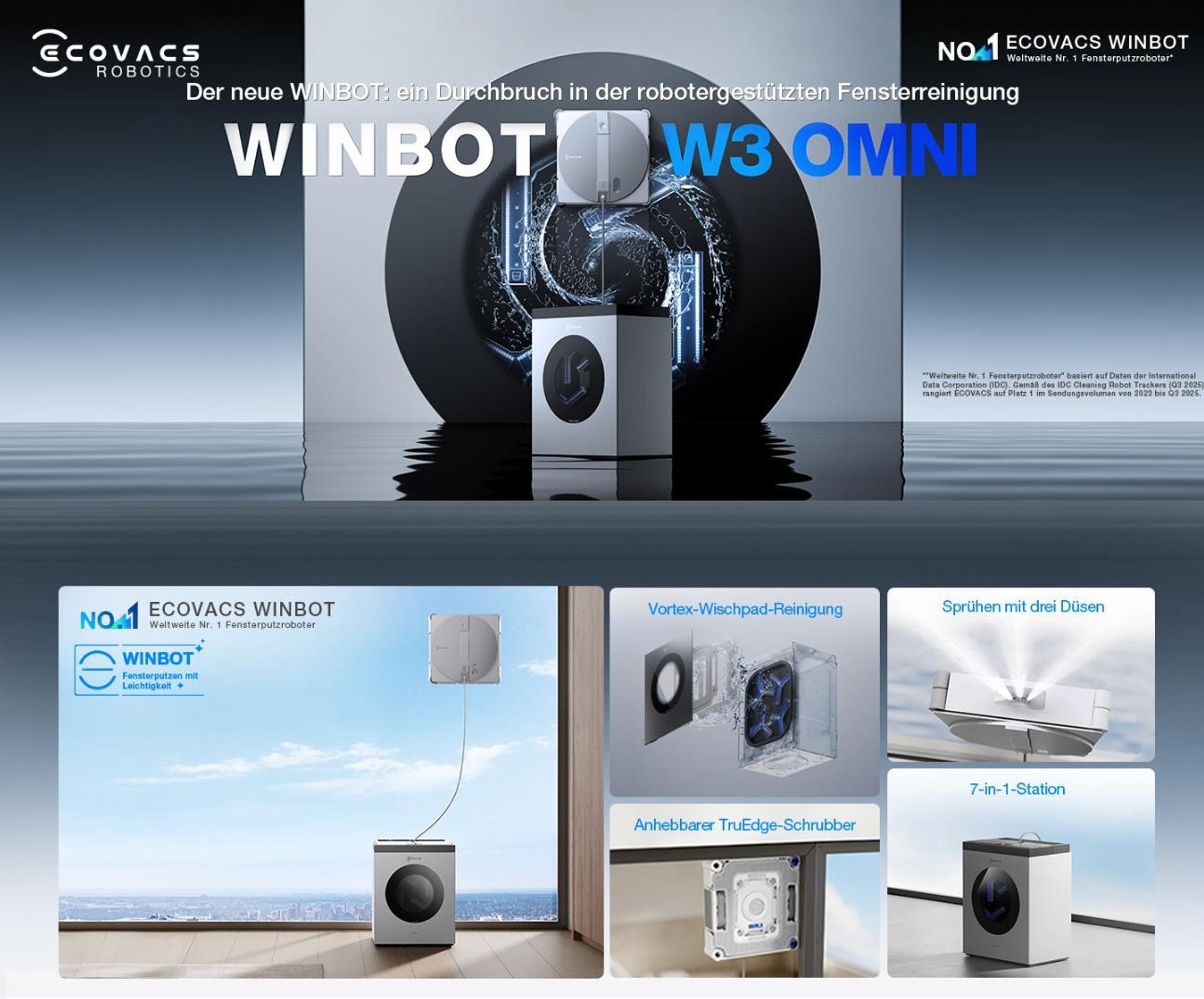 ECOVACS WINBOT W3 OMNI Fensterputzroboter mit Multifunktionsstation, Automatische Reinigung der Wischpads, Intelligente Reinigung entlang der Ränder