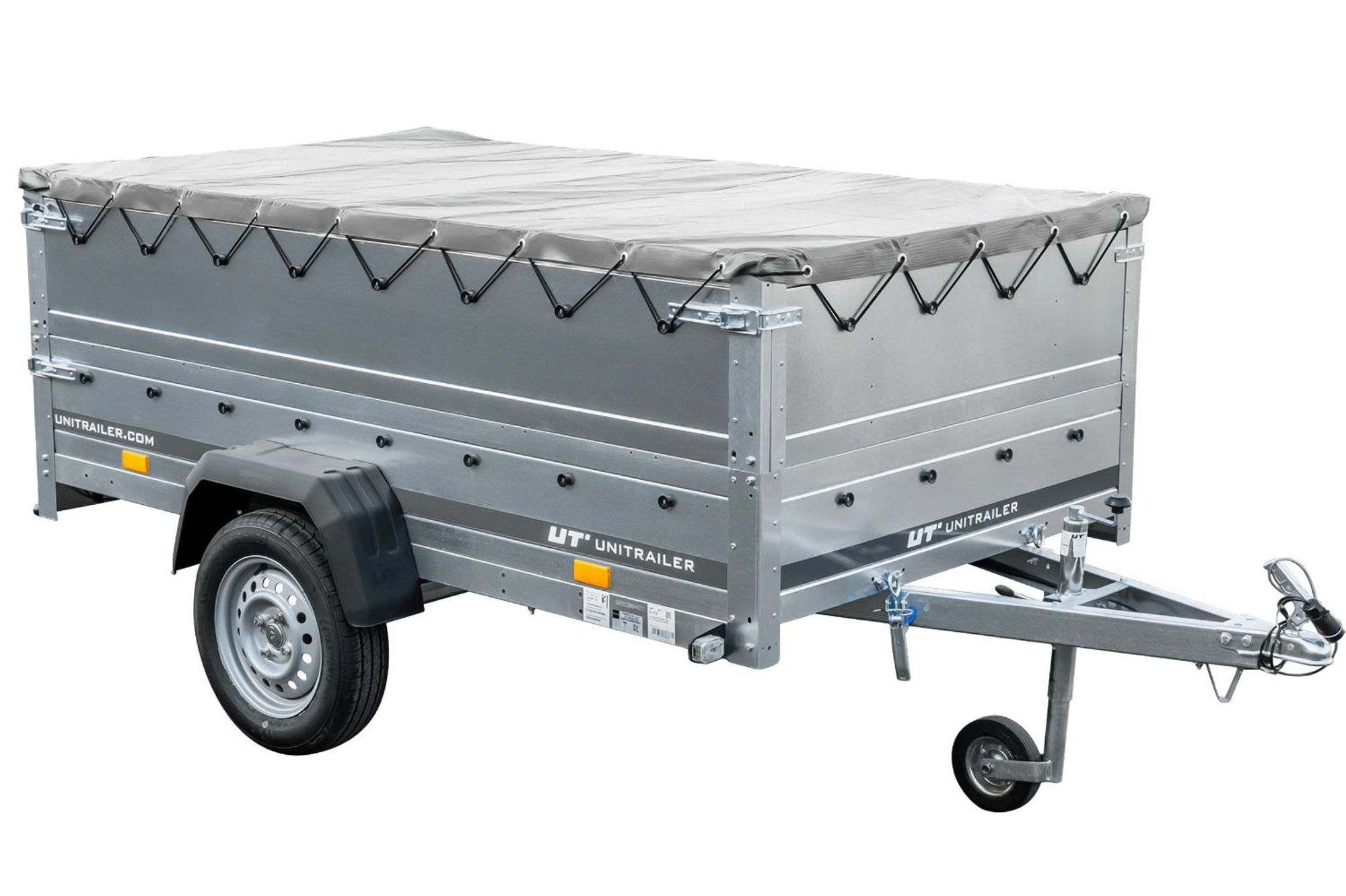 PKW-Anhänger auf Federn 230x125 UNITRAILER GARDEN 230/R KIPP mit BIS-Seiten, H-0-Rahmen und grauer Plane