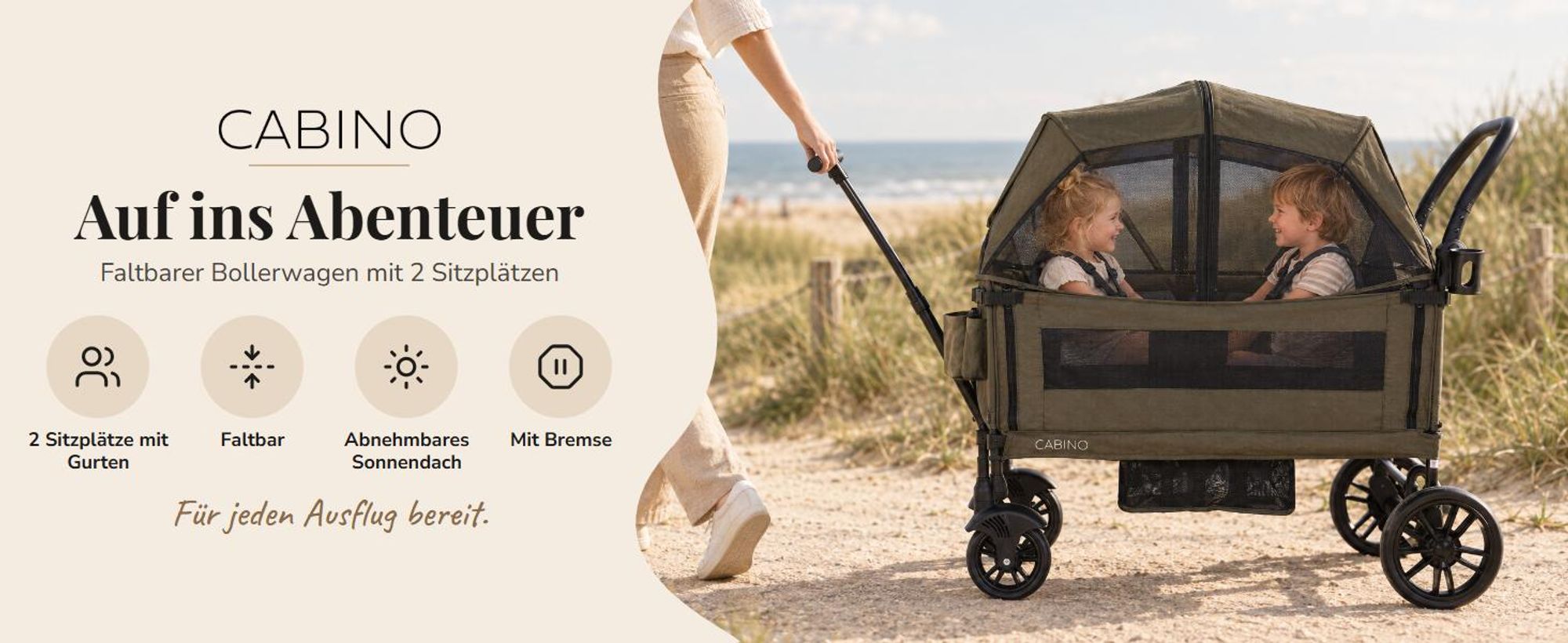 Cabino Bollerwagen Waggie Schwarz – faltbarer Handwagen für 2 Kinder mit Gurten, abnehmbarem Sonnendach, Tablett und Becherhalter, bis 50 kg