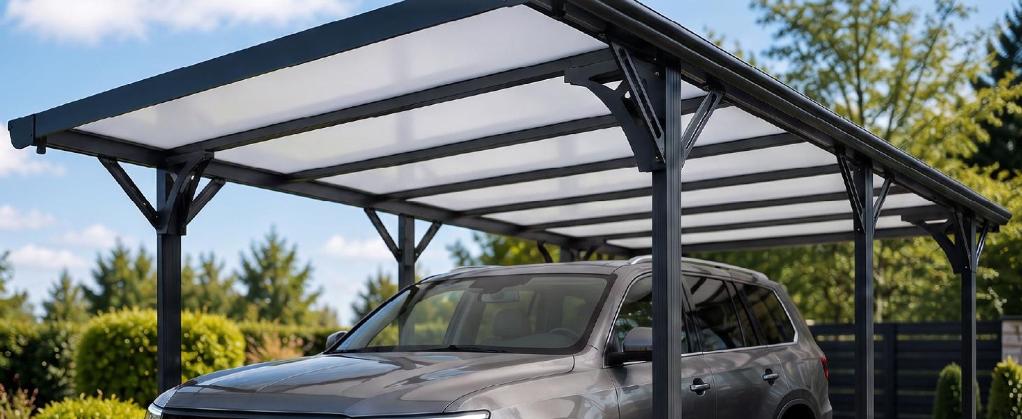 Juskys Carport mit Flachdach 5x3 m - Überdachung aus Aluminium mit Doppelstegplatten - Unterstand für Autos - freistehende Montage - Dunkelgrau