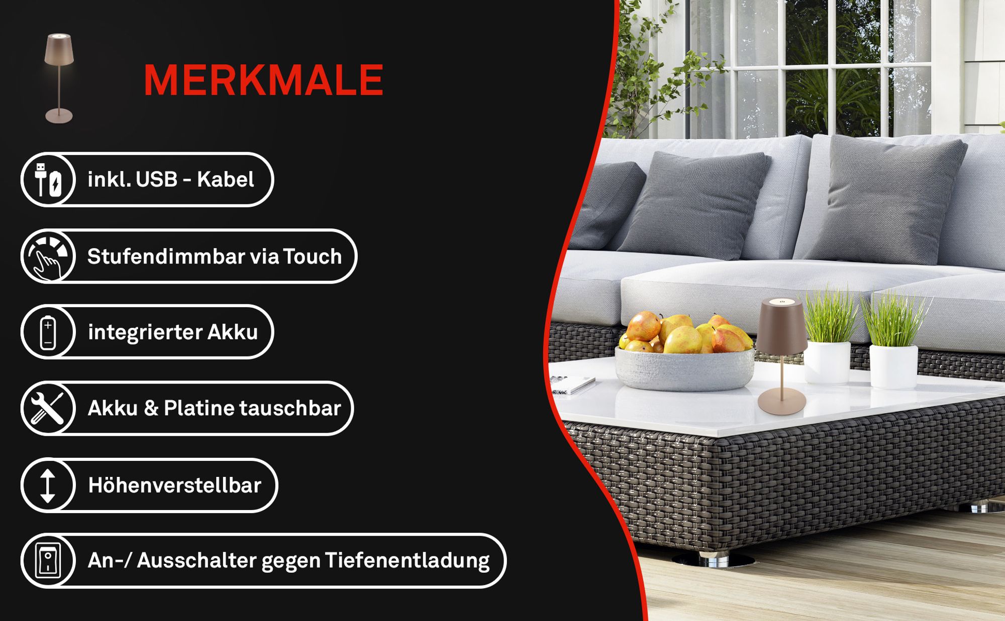 Tischlampe Akku Tischleuchte Kabellos Touch höhenverstellbar Akku tauschbar