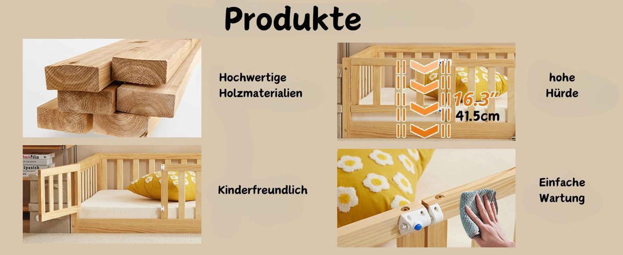 FCH Kinderbett 140 x 200 cm, Bodenbett, Zaunbett, Holzbett mit Rausfallschutz und Tür, Spielbett, für Kinder, Weiß