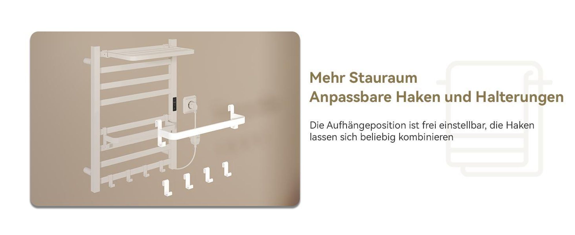 Puluomis Heizkörper Elektrischer Handtuchwärmer mit LED-Touchdisplay, 45-70°C einstellbar, Timer, 90° drehbares Ablagefach, RCCB Schutz weiß