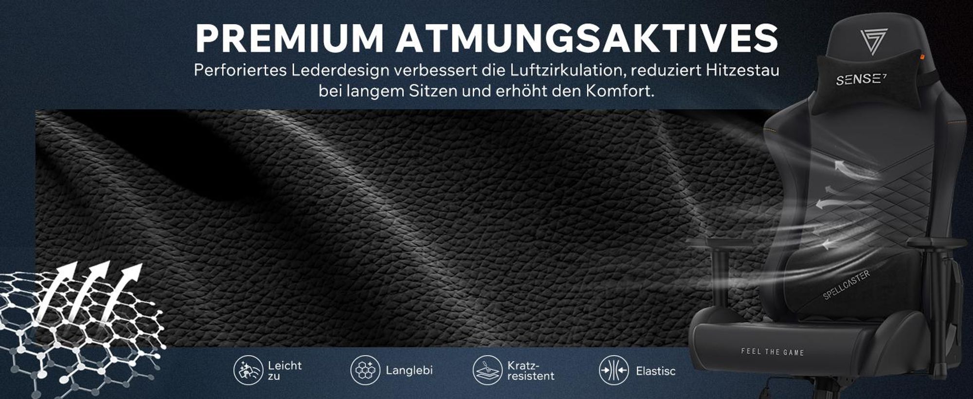 SENSE7 Spellcaster SENSHI XL Gaming Stuhl Schwarz - Ergonomischer Bürostuhl für große Personen 160kg Chefsessel Kaltschaum 2D-Armlehnen